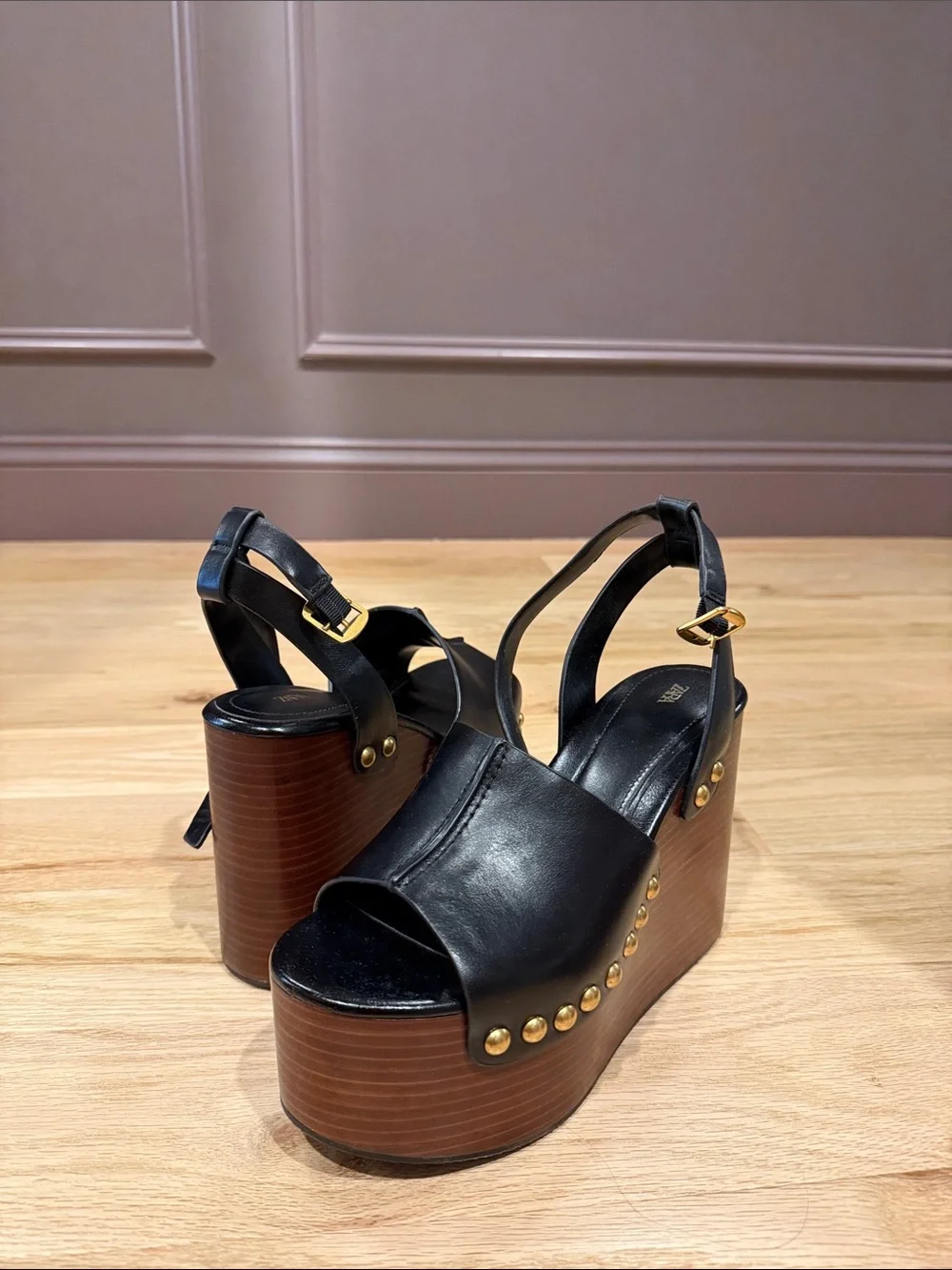 Zara Black Leather Platform Wedge Sandals with Gold Studs
